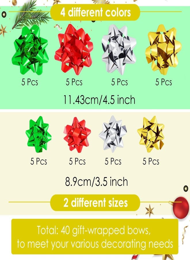 Dyrfolm 40 Pcs Christmas Gift Bow Assortment,Self Adhesive Gift Bows,Red,Green,Gold,Silver Christmas Bow for Wrapping,Holiday Bow for Birthday,Wedding,Bridal Showers(2 Sizes: 3.5 Inches + 4.5 Inches) - Image 2